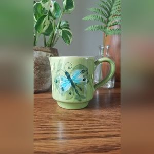 Vintage Italian Mini Ceramic Creamer Green w/ Blue Butterfly Signed HH 7233